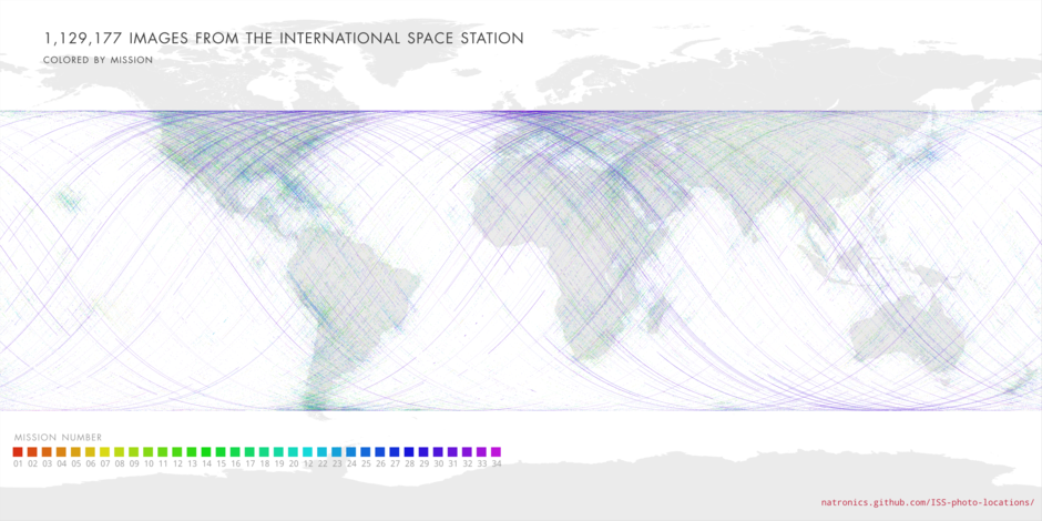 dot for every image, colored by mission, with map underlay